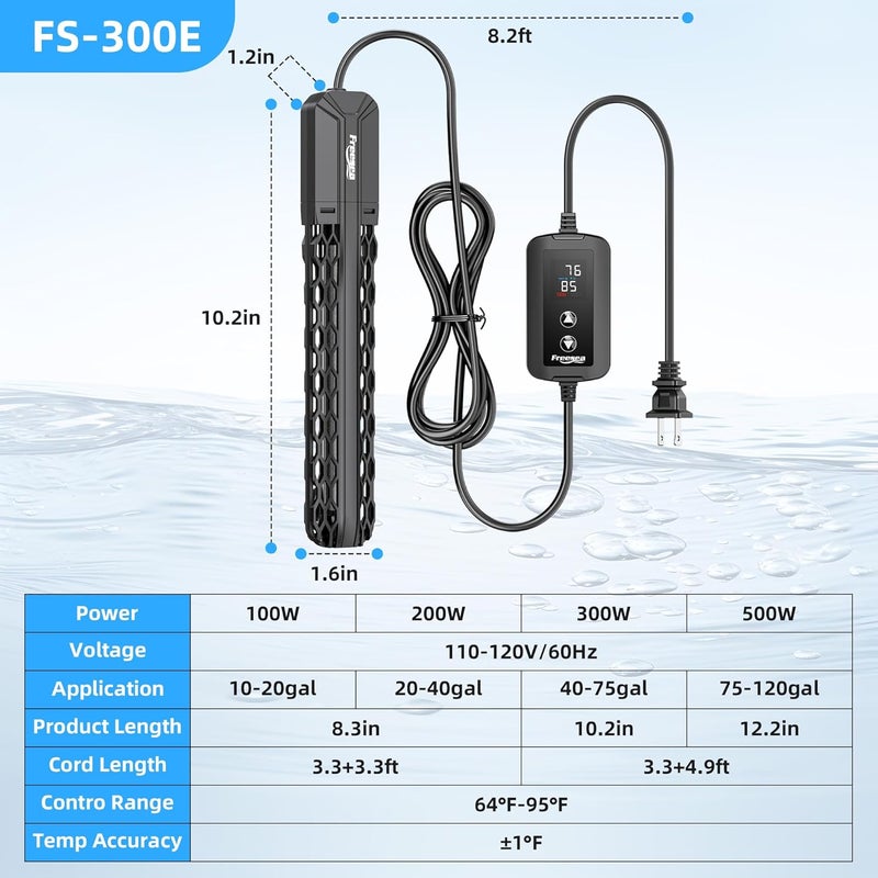 FREESEA سخان حوض السمك: 100 واط / 200 واط / 300 واط / 500 واط سخان حوض سمك غاطس مع حماية من ارتفاع درجة الحرارة وفصل الماء لسعة 40-75 جالون من المياه المالحة والعذبة - Image 5